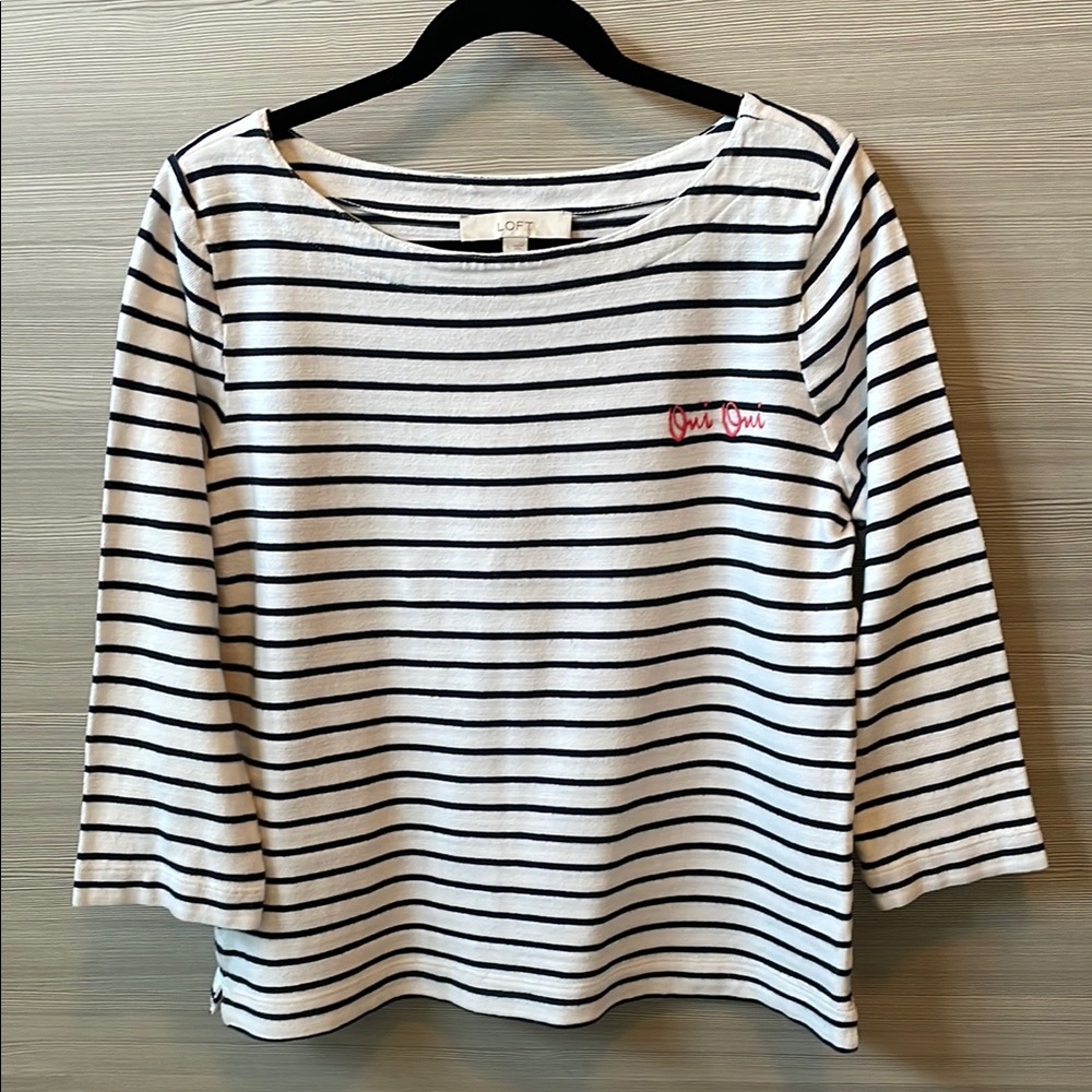 LOFT Boat Neck “Oui Oui”  3/4 Sleeve White & Black Striped Top - Large